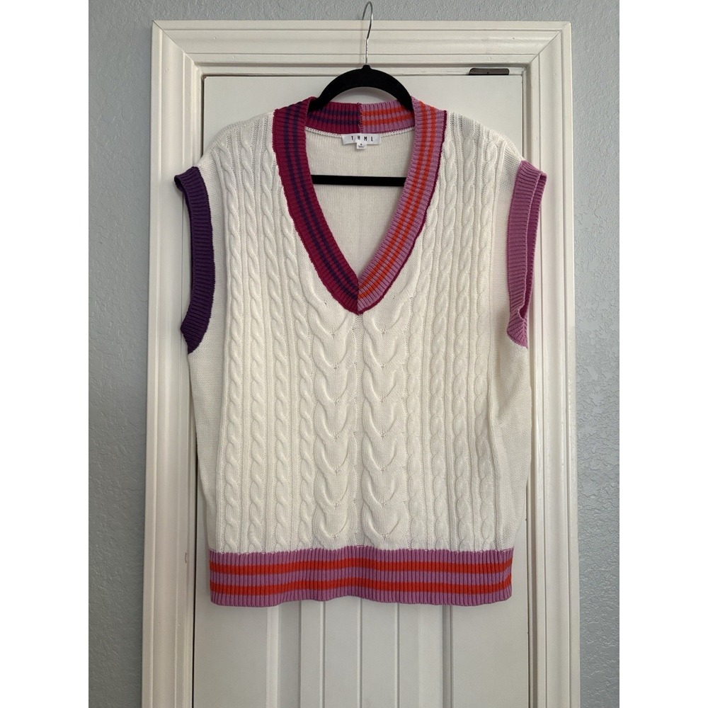 THML Anthropology Sweater Vest Women's Size Small Ivory Purple Pink Preppy